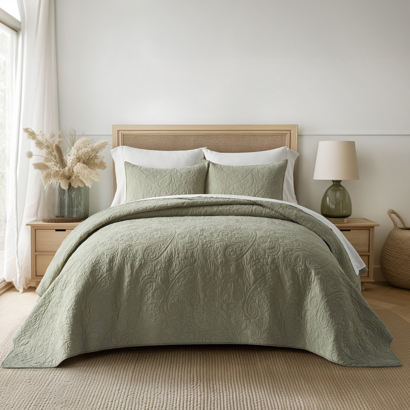 Paisley 100% Cotton Quilt Set 3 Pieces, Sage Tea Green, King Quilt + 2 King Shams