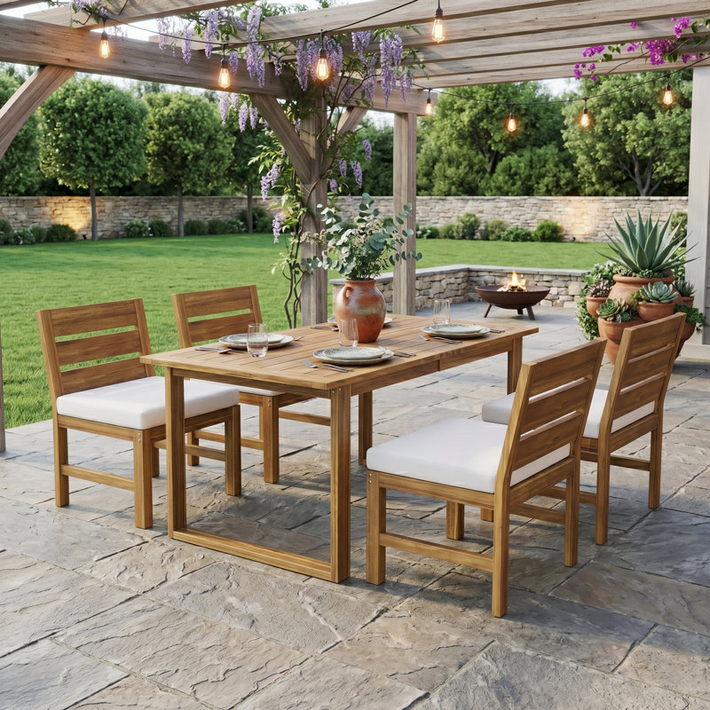Ensemble de salle à manger de patio 5 pièces en bois d'acacia avec coussins et pieds réglables, naturel / beige