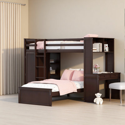 Lit mezzanine simple avec lit autonome, tablettes, bureau et garde-robe