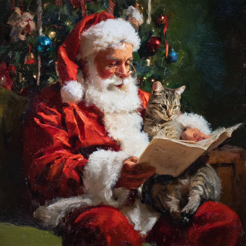 Père Noël lisant avec un chat, art mural sur toile, H 12 po x l 12 po