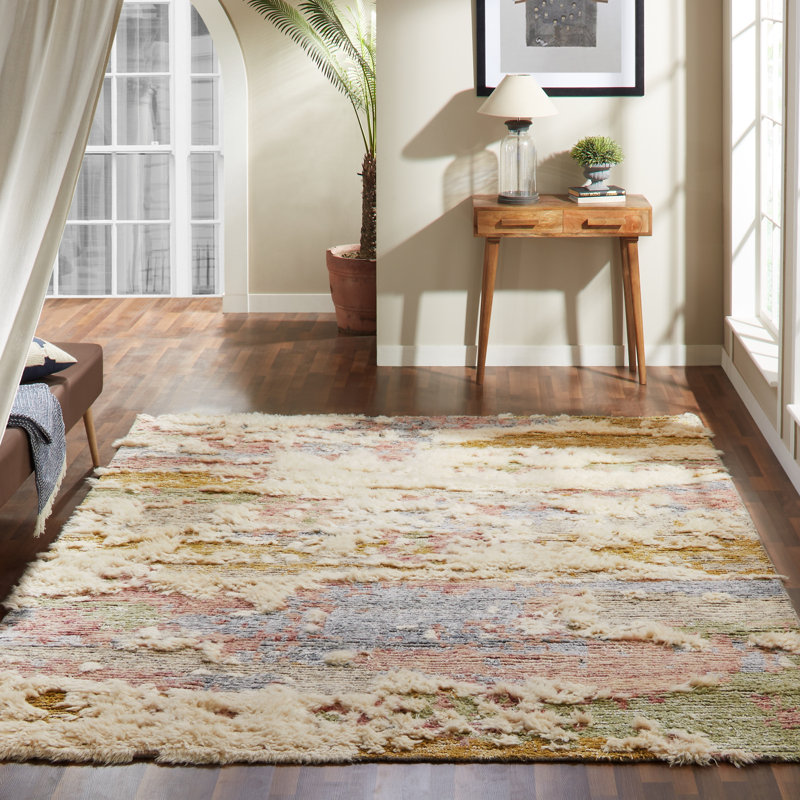 Tapis ivoire en laine noué à la main à motif abstrait Helenville, 8 pi 6 po x 11 pi 6 po