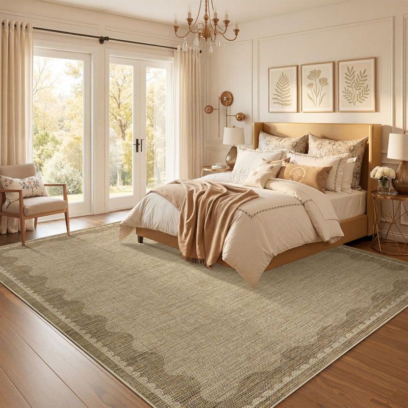 Washable Non-Slip Jute Area Rug Scalloped Edge, Mark Resistant, Modern Neutral Carpet for Living Room, Bedroom, Dining Room, Patio, Porch