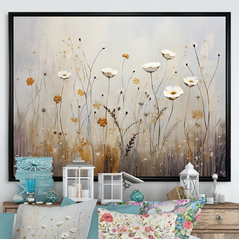 Beige, Wildflowers brise - Art mural fleurs sauvages, H 24 po x l 32 po x P 1 po, Cadre flottant noir