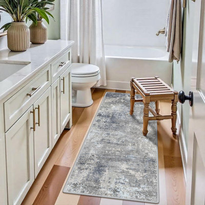 Washable Kitchen Rug - Non Slip Stain Resistant Low-Pile Thin Wide Carpet for Entryway Hallway Bathroom Bedside,Modern Neutral Abstract(Blue Grey)