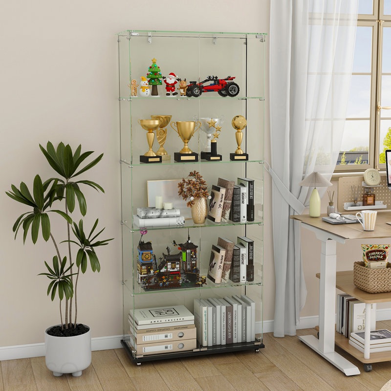4-Tier Double Door Glass Display Cabinet With 5 Dynamic Led Modes, Fixed Shelves Floor Standing Showcase For Home Office Store Display