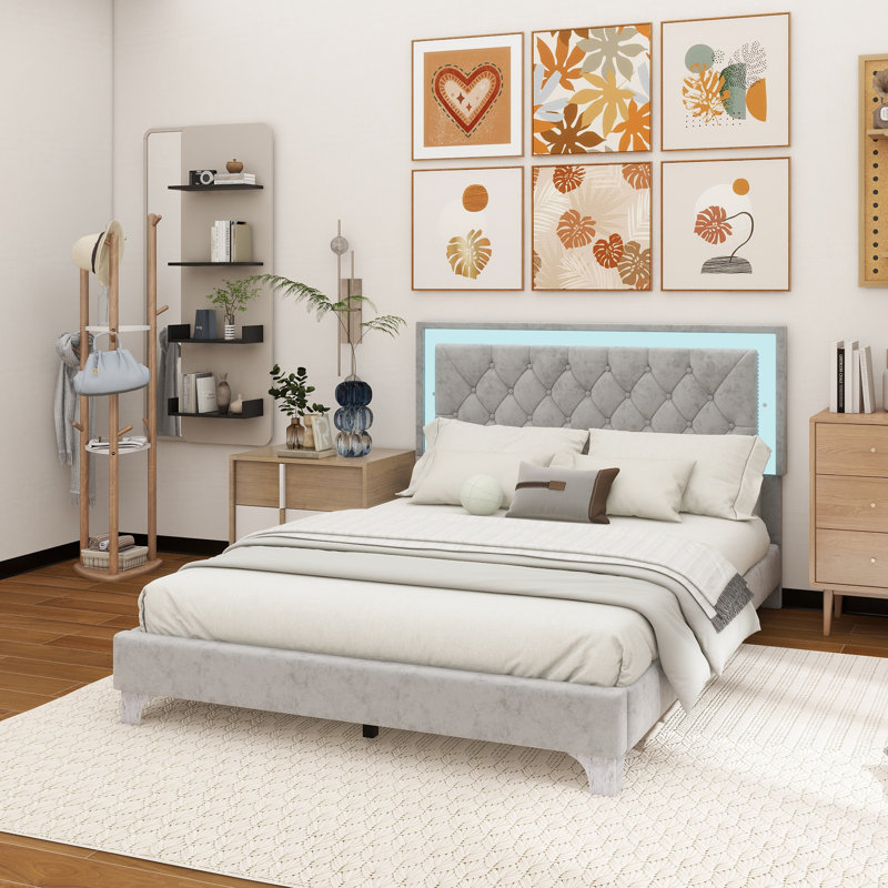 Structure de lit tapissier avec lumières DEL, lit plateforme moderne en velours avec tête de lit capitonnée,, Gris, Grand