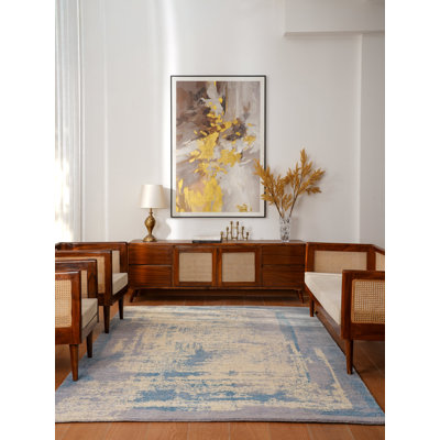 Tapis en laine écologique tissés à la main - 244 x 305 cm, rectangulaire, beige et bleu, motif abstrait moderne, épais et à poils longs, antidérapant, idéal pour le salon et la chambre.