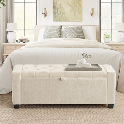43" Storage Ottoman Bench, Linen Upholstered Tufted Bench For Living Room Bedroom Entryway
