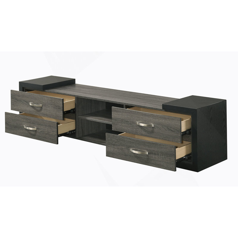 Meuble télé 1Pc avec tablettes ouvertes contemporaines et poignées en métal brossé