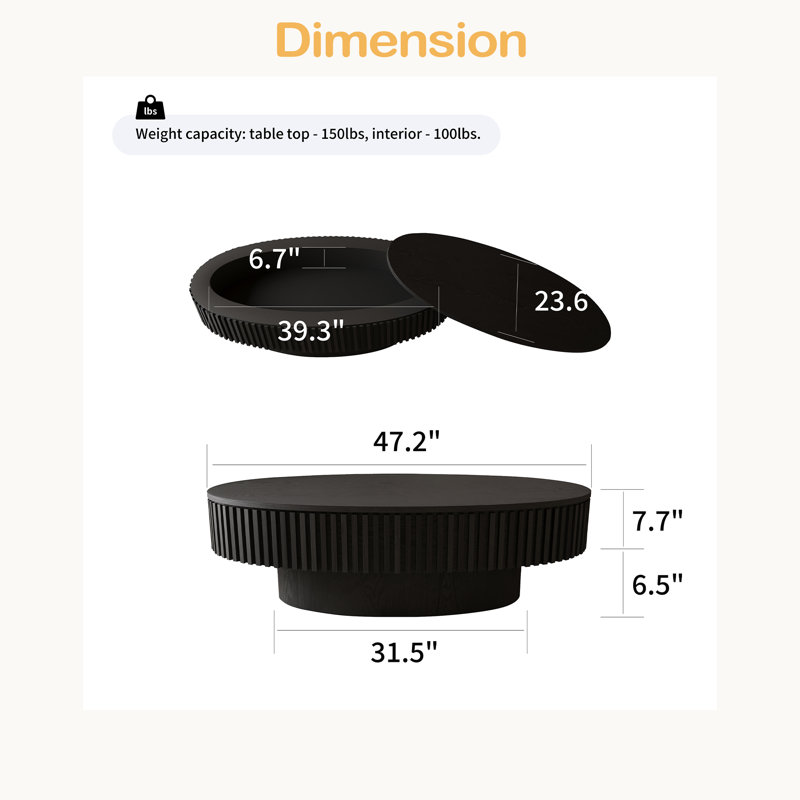 Table basse 47 po ovale avec rangement, Noir