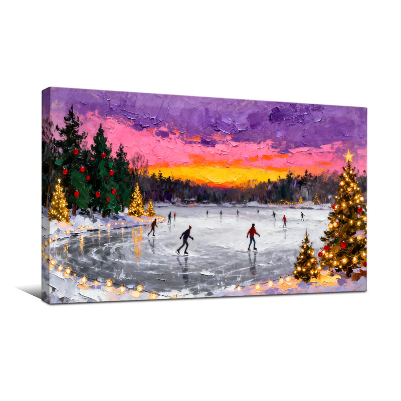 Scène de patinage sur glace avec arbres de Noël, H 16 po x l 32 po