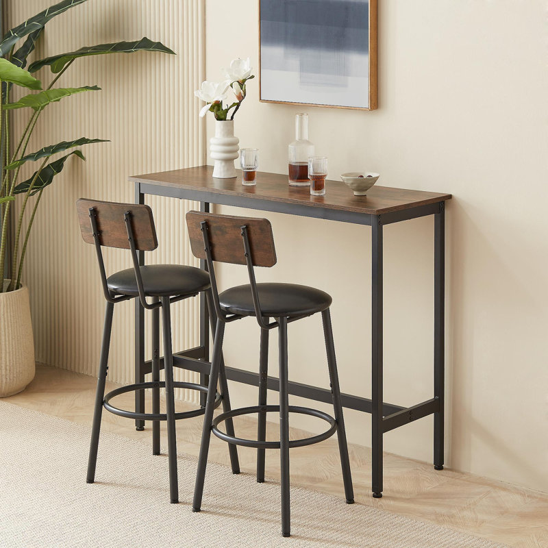 Bar Table Set With 2 Bar Stools PU Soft Seat With Backrest, Rustic Brown, 43.31'' L X 15.75'' W X 35.43'' H., Black
