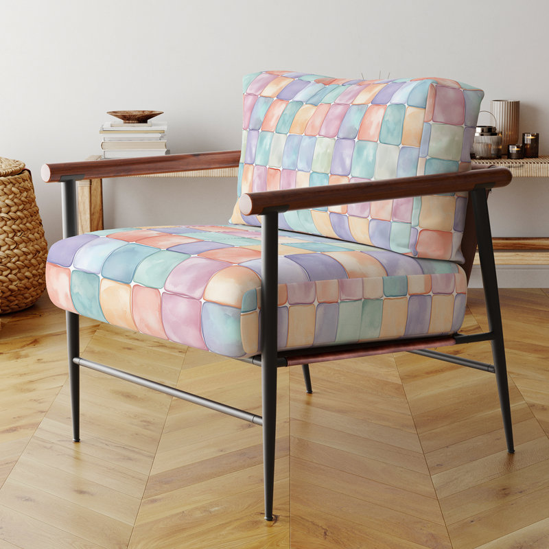 Chaise rembourrée Patchwork, Bras ronds bruns