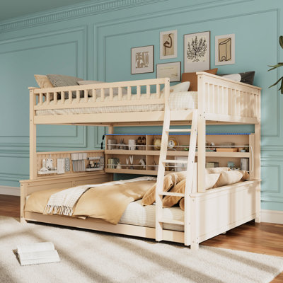 Full Xl Over Queen Bunk Bed With Integrated Shelving, Color - Changing Lights, And , Beige. Convertible For Adapting To Different Room Layouts. Storage Headboard Rope. Multi Strip Relaxing Mood.