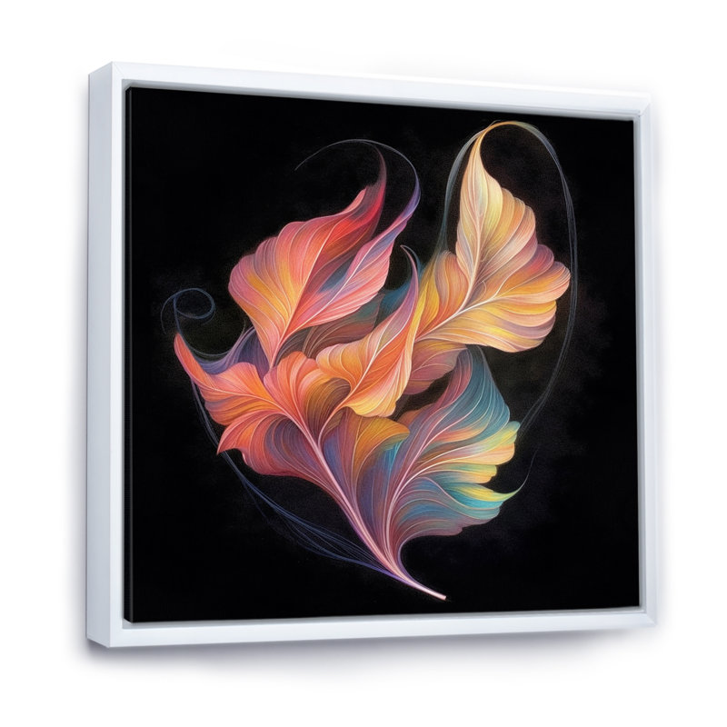 Iridiscent Leaf Minimal Botanical on Black - reproduction sur toile, H 24 po x l 24 po x P 1 po, Cadre flottant blanc
