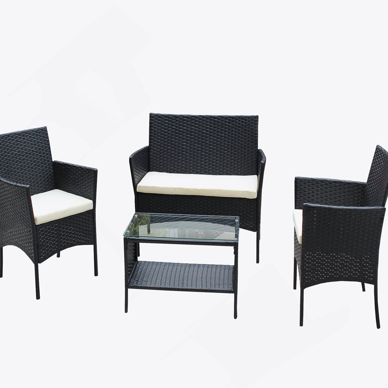 4 PC Rattan Patio Furniture Set Outdoor Patio Cushioned Seat Wicker Sofa