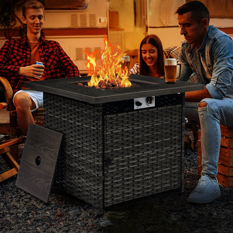 30" Outdoor Propane Fire Pit Table – 55000 BTU, Adjustable Flames, Wood Grain Finish, PE Rattan, Perfect For Patios And Decks, Includes Lava Rocks
