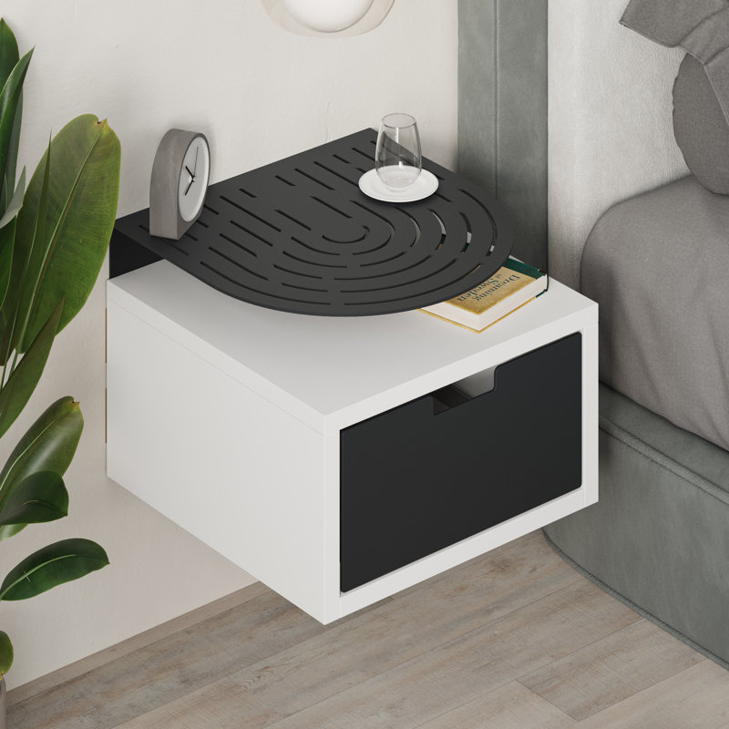 Ailana Floating Bedside Shelf with Drawer and Metal Round Shelf, White