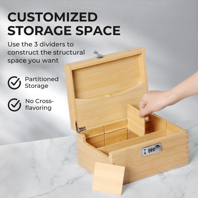 Stash Box With Rolling Tray, Smell Proof Large Bamboo Storage Box With Lock, Decorative Box Set Includes Glass Jars & Grinder