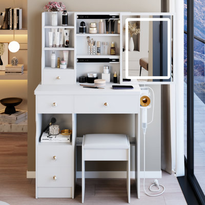 29.2" Left Drawer Vanity With Cushioned Stool, Built - In 2 Ac+2 Power Station, Hair Dryer Bracket, Extra Large Touch Switch Led Mirror Tri Color Lighting And Adjustable Brightness, For Small