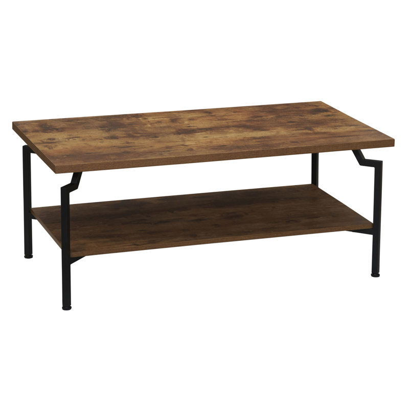 Rustic Hickory Woodgrain Coffee Table with Black Iron Base, Black Top/Gold Base
