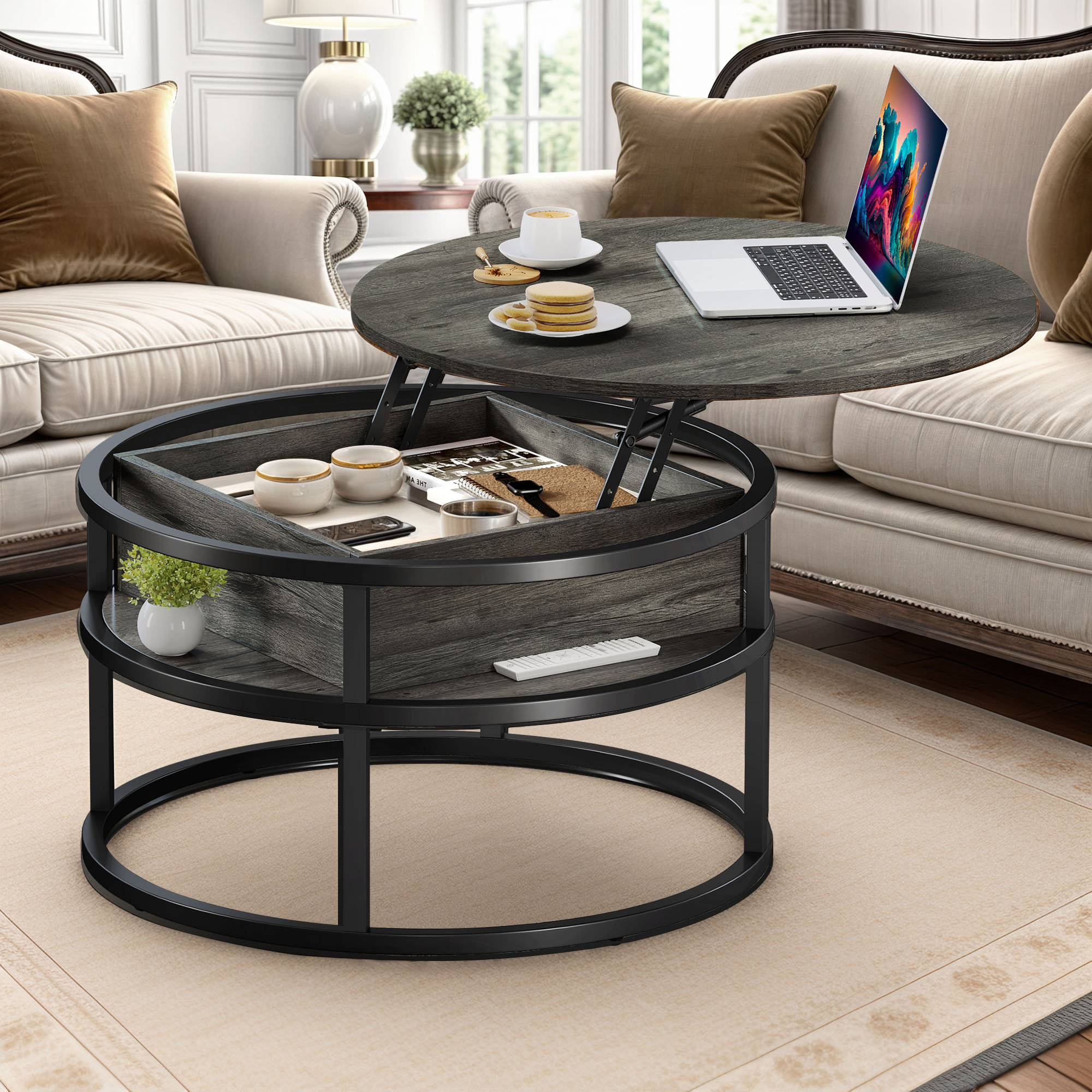 17 Stories Dark Grey Round Lift Top Coffee Table with Hidden Storage ...