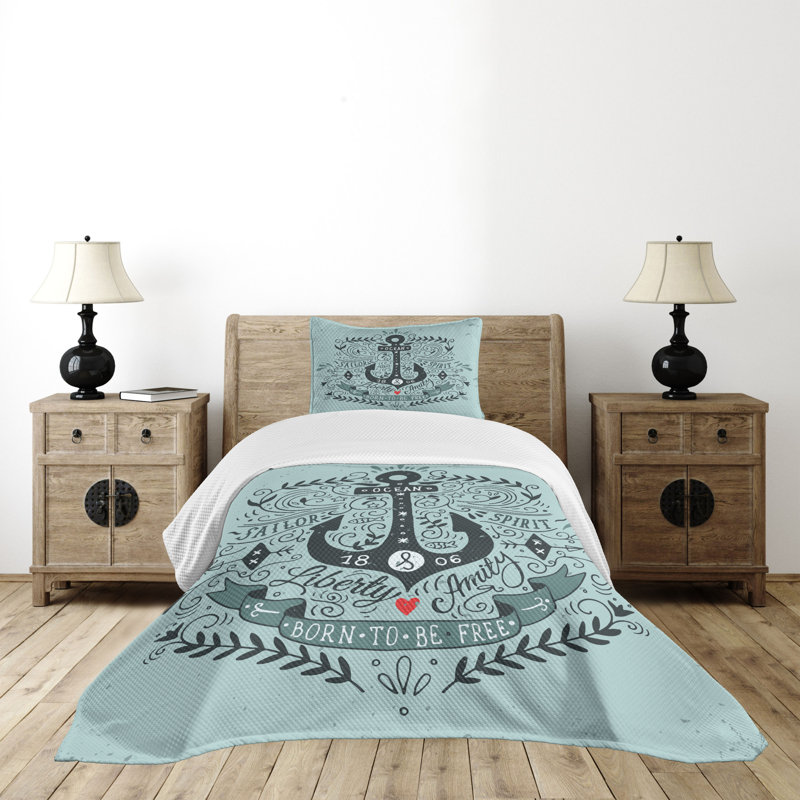 Navy and Turquoise Twin Anchor Bedspread Set