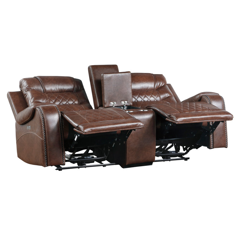 Causeuse inclinable double moderne à motif de losanges avec console centrale et ports USB, Brun