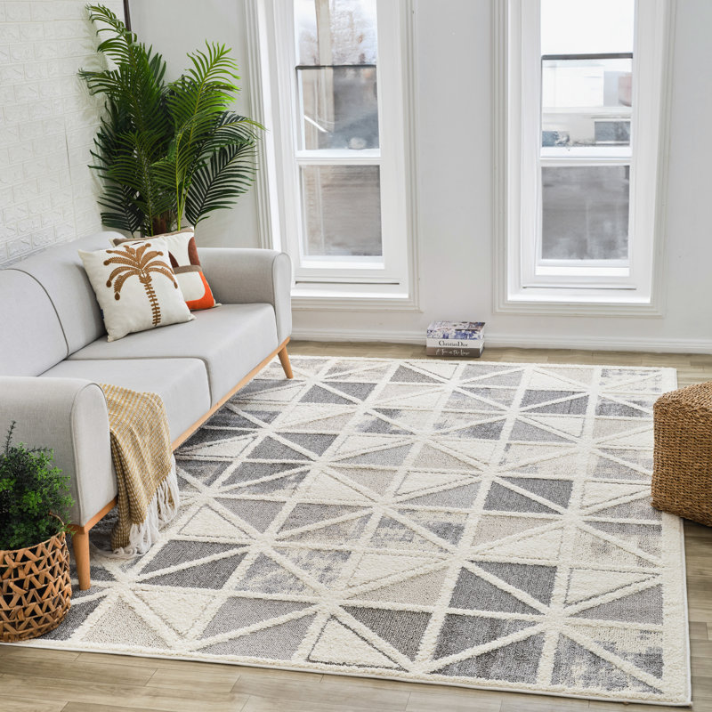 Tapis d'intérieur à motif géométrique gris crème., Rectangle 5 pi 3 po x 7 pi 7 po