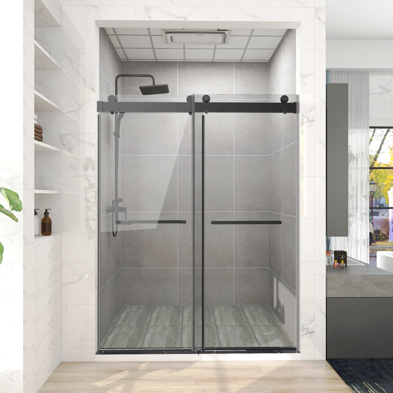 48 In. W X 76 In. H Freestanding Double Sliding Frameless Shower Enclosure In Matte Black Finish, Matte Black