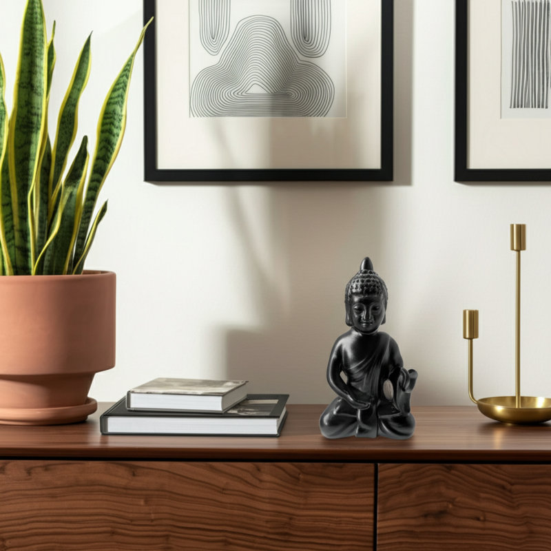 Larochelle Stoneware and Ceramic Buddha Figurine - Elegant and Modern Meditative Sculpture for Home Decor, Black