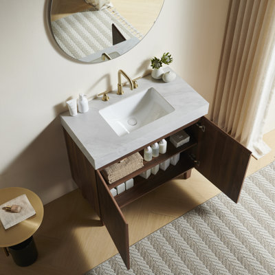 Meuble-lavabo LULA 36, sur pied, comptoir en pierre frittée gris Carrara veinée, lavabo en céramique avec entraxe de 20 cm (8 po), 3 trous, démonté, sans robinetterie ni bonde, couleur noyer.