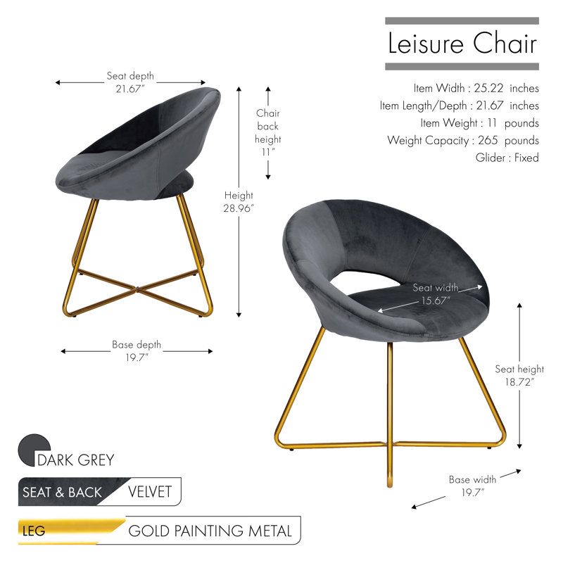 Colmar Velvet Accent Chair with Metal Legs, Dark Grey