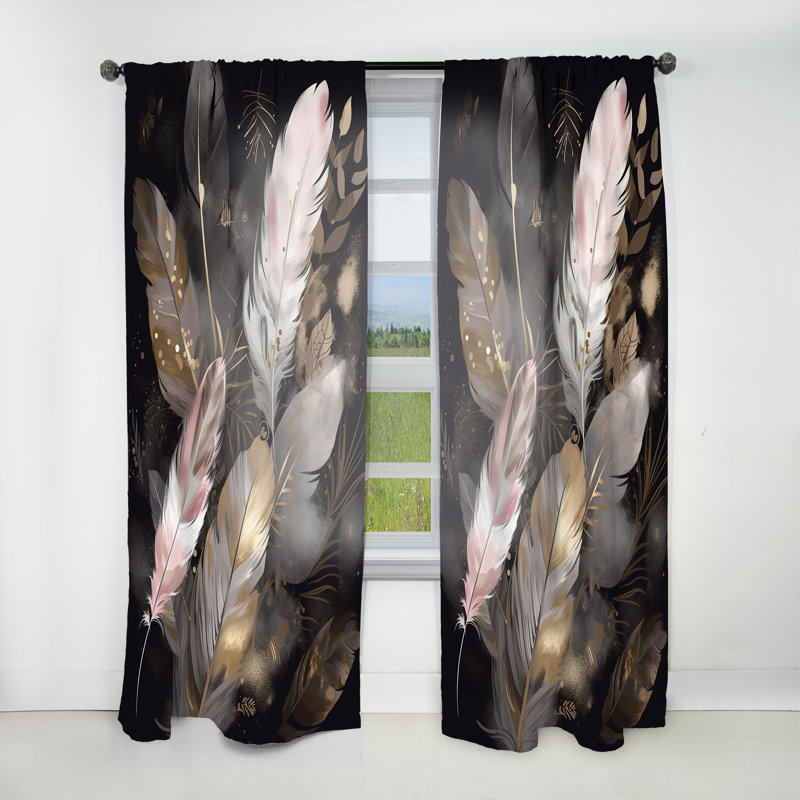 Atley - Pink Feather Boho Majesty III - Glam Feather Curtain - Velvet Room Darkening - 1 panel, 52" W x 108" L