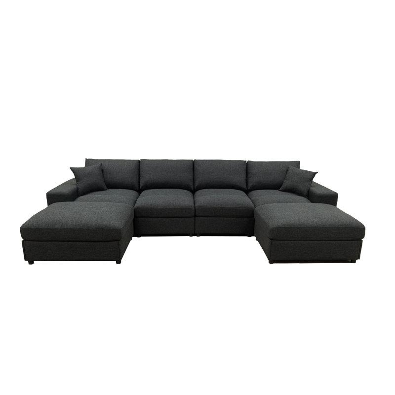 134" Cloud Sectional Couch U-Shaped Chaise With Ottoman,Modern Linen Deep-Seat Upholstered Modular Cloud Sofa With 2 Pillows For Living Room