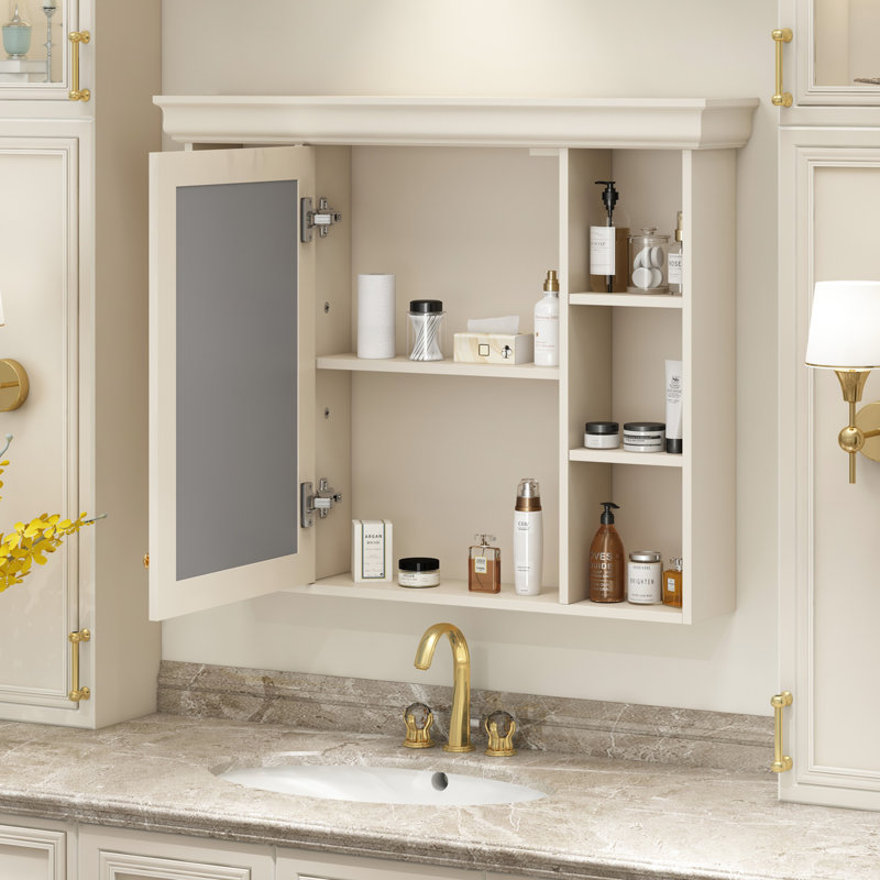 Armoire de rangement de salle de bain avec miroir - charnières à fermeture douce 35 po x 28 po style moderne de couleur crème beige