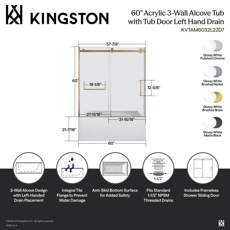 Kingston Brass 60-Inch Acrylic Rectangular 3-Wall Anti-Skid Alcove Tub With Tub Door, Hand Drain, Matte Black, Left