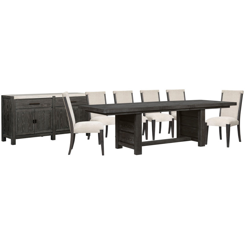 Extendable Trestle Dining Table With 6 Upholstered Side Chairs And Sideboard, 8 Pieces: Table, 6 Chairs, Sideboard