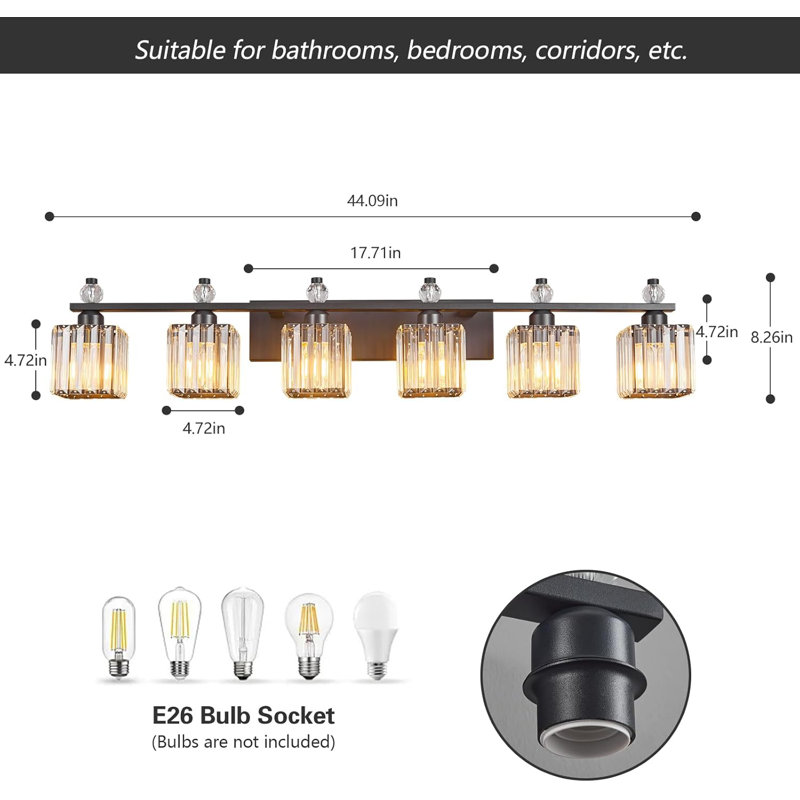Luminaire de meuble-lavabo moderne avec abat-jour en cristal - luminaire à 6 lumières pour installation au-dessus d'un miroir