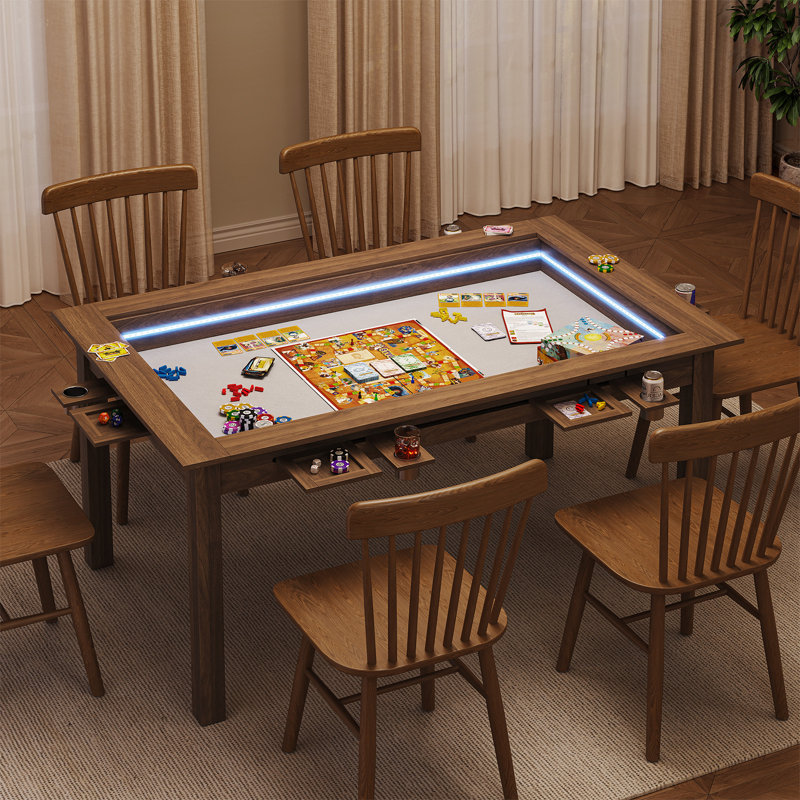 Table de jeu de société avec lumières à DEL pour 4 à 6 joueurs, table de salle à manger et de jeu rectangulaire 2-en-1 avec porte-gobelets détachables et plateaux de loisirs