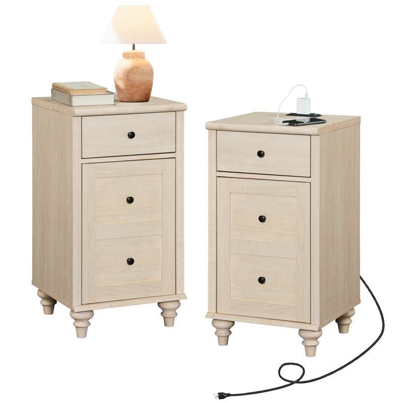 Scarlett Nightstand Set With Storage And Built-In Outlets (Set Of 2), Beige/Beige