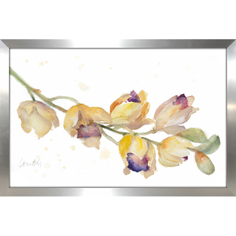 «Orchid Bud Branch», reproduction de peinture à l'aquarelle, H 27,5 po x l 39,5 po x P 0,75 po, Encadrement argenté