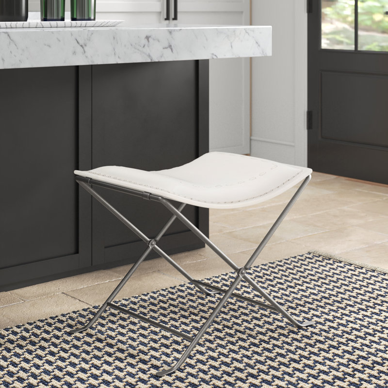 Sanford Iron Accent Stool, White Genuine Leather