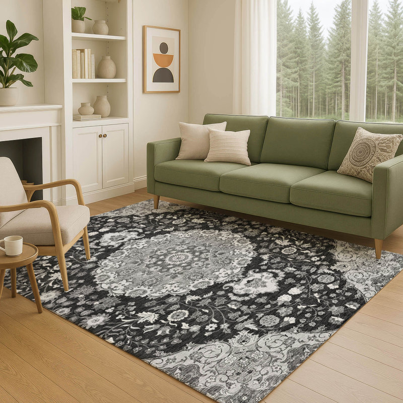 Tapis damassé intérieur / extérieur lavable à la machine ACN2611, Noir, 5 pi x 7 pi 6 po