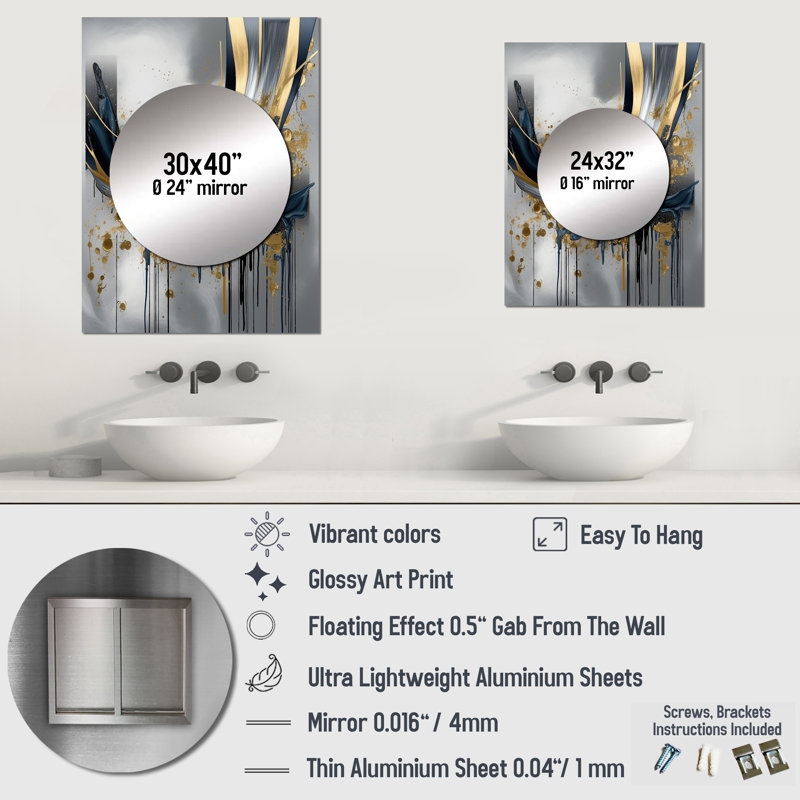 Geffrey Shapes And Lines Abstract Marble V - Marble Large Mirror, Modern Decorative Wall Mirror, Printed Metal Art, 32" x 24"