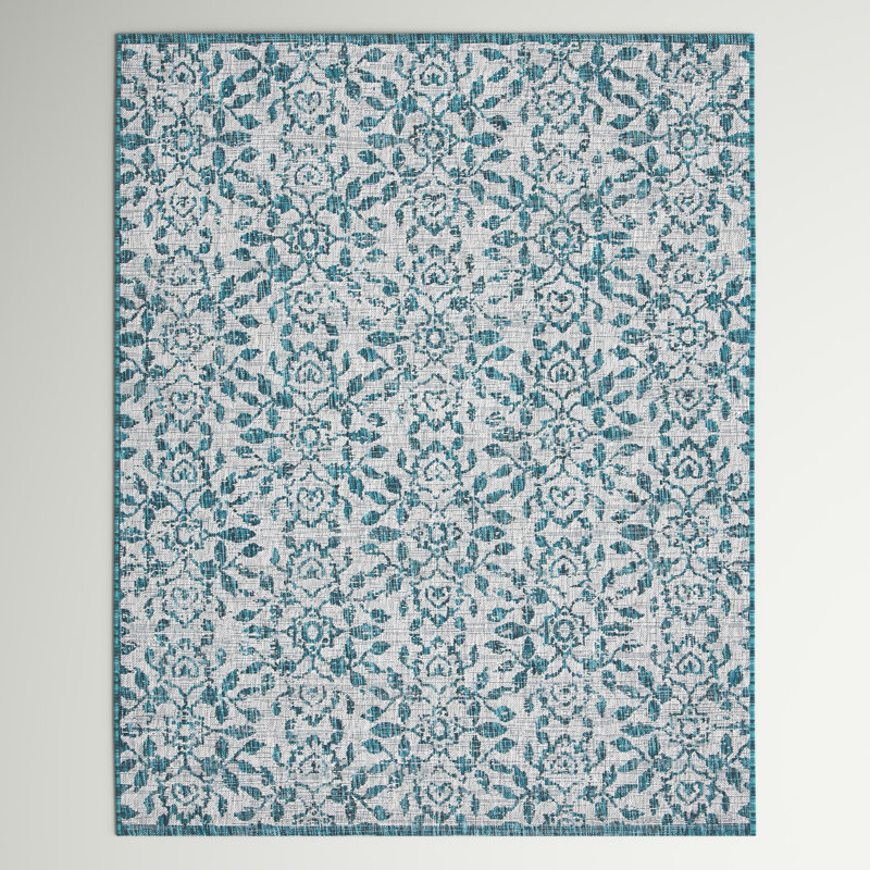 Stolz Floral Gray/Blue Indoor/Outdoor Area Rug, Rectangle 5'5" x 7'7"