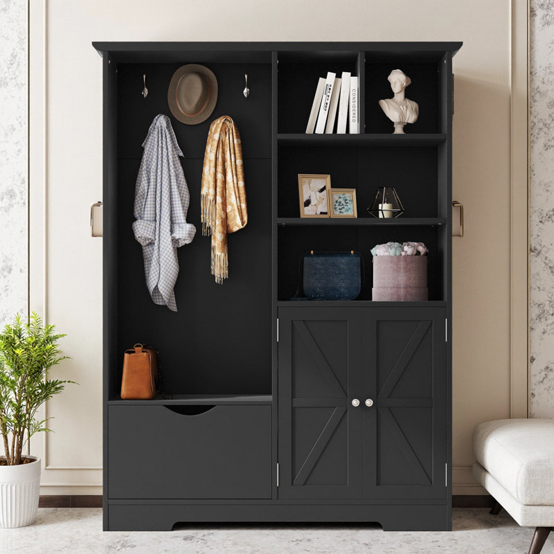 Arbre d'entrée classique noir avec banc, armoire de rangement pour chaussures, tablettes et crochets pour vestibule organisé - élégant et fonctionnel