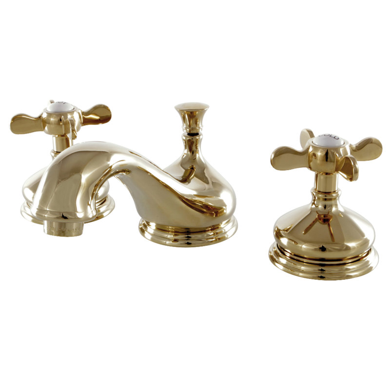Kingston Brass Essex Two-Handle 3-Hole Deck Mount Widespread Bathroom Faucet with Brass Pop-Up Drain, Polished Brass