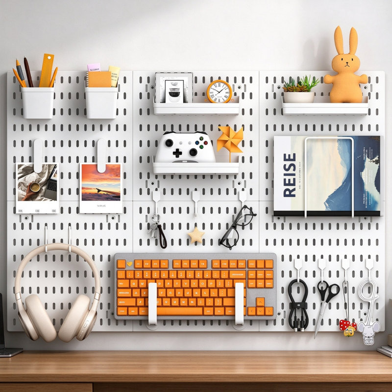 Pegboard Wall Organiser, Total Size 24” x 36”, 6-Pack White Plastic Pegboard Panels with Accessories, Wall Storage for Craft Room, Office, Kitchen & Gaming Room