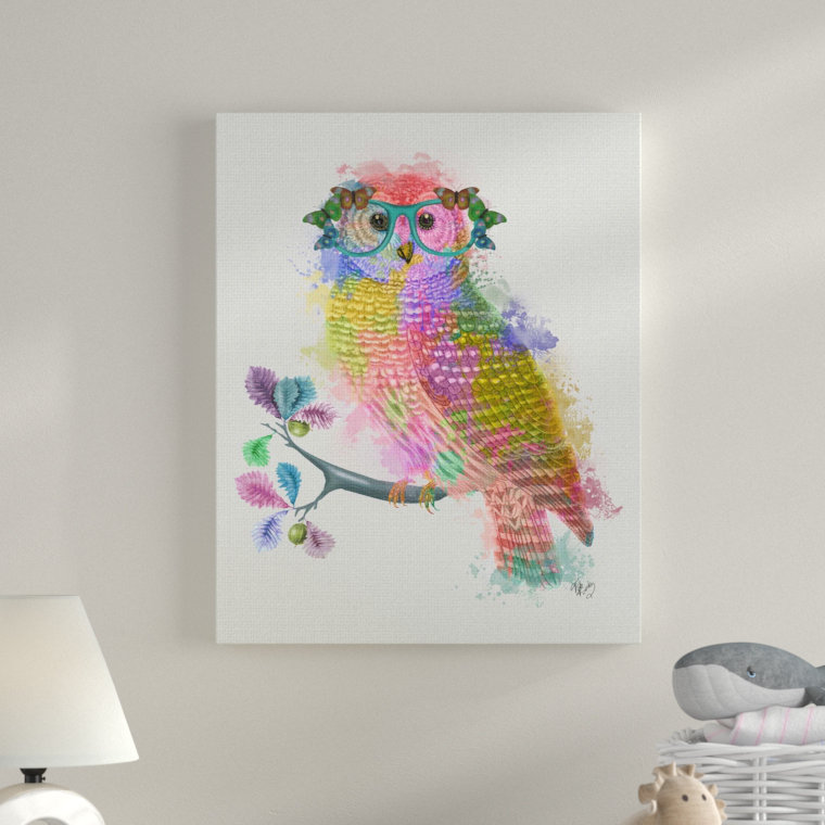 Rainbow Splash Owl dans des verres, Toile tendue, H 20 po x l 16 po x P 1,5 po